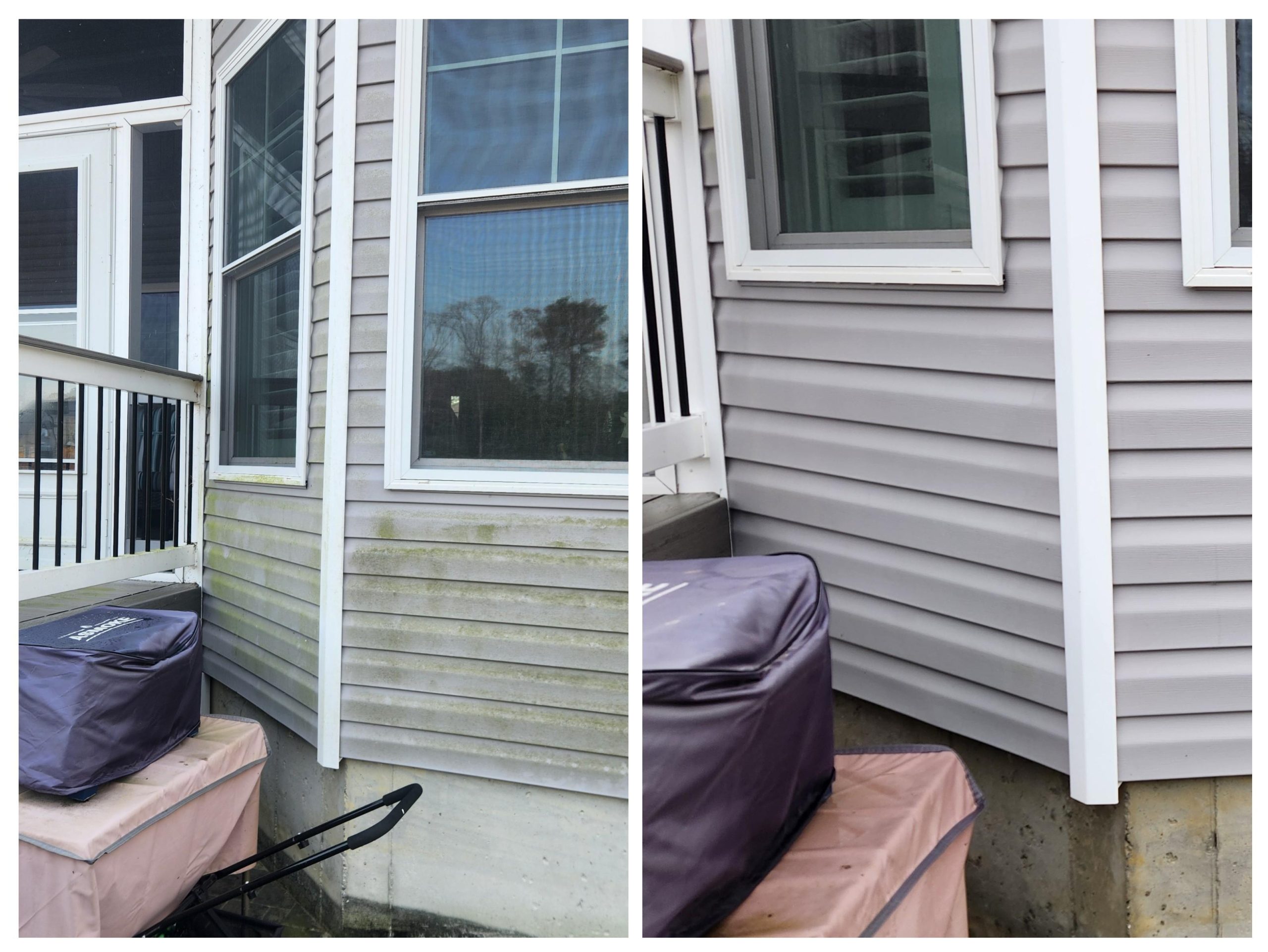 Before and after soft wash cleaning of house siding and foundation in Millsboro DE