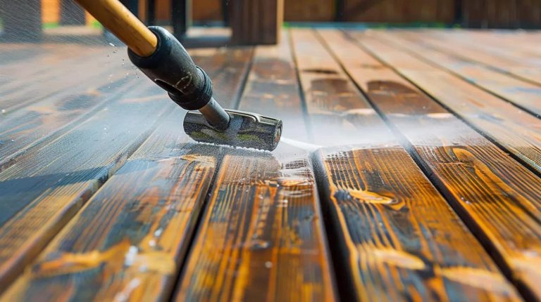 Close-up of pressure washer cleaning wooden deck boards in Greenwood