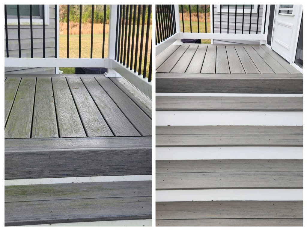Before and after deck pressure washing in Millsboro DE showing cleaned composite decking boards