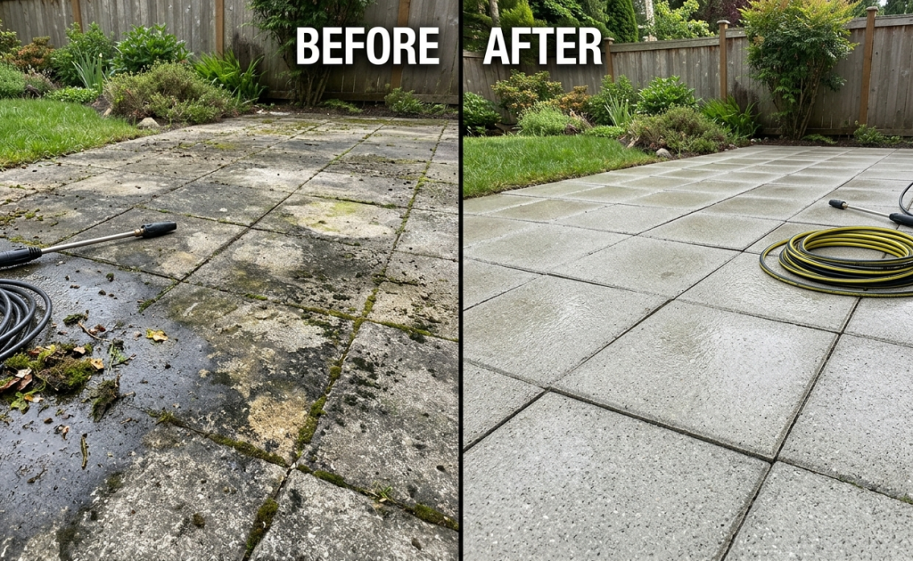 Before and after comparison of a concrete patio in Hollyville, DE showing moss, mold, and stain removal after professional pressure washing service