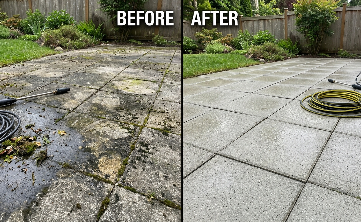 Before and after comparison of a concrete patio in Hollyville, DE showing moss, mold, and stain removal after professional pressure washing service